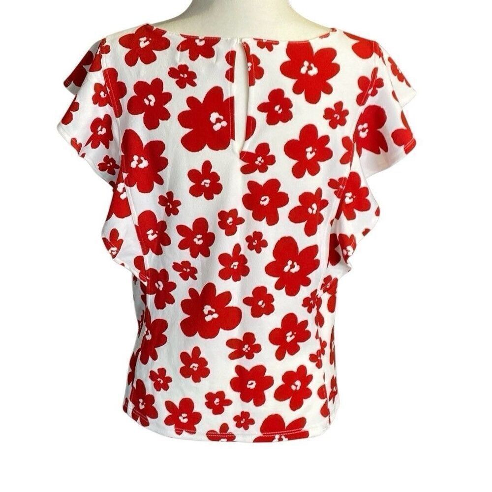 MellowDay White Red Floral Flutter Sleeve Blouse Women’s Top Size Large - Picture 3 of 6